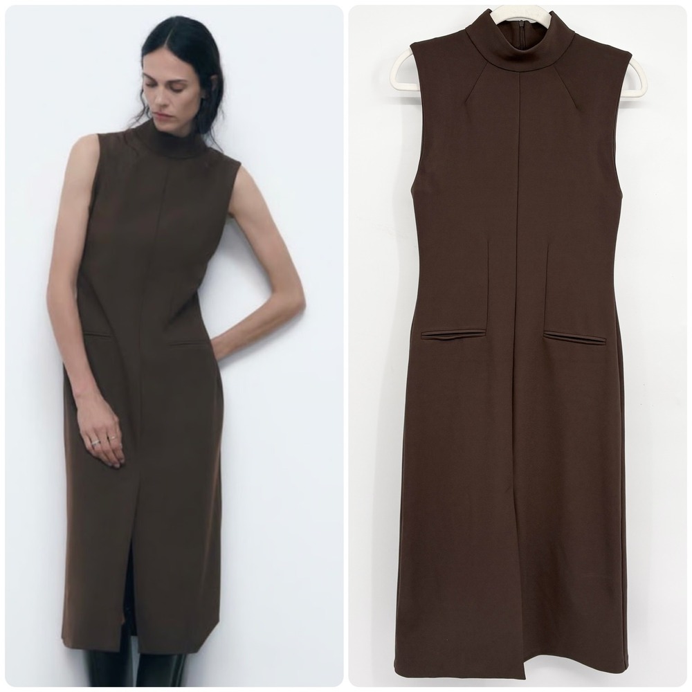 Zara Womens Brown Mock Neck Minimalist Career Sleeveless Front Slit Midi Dress S